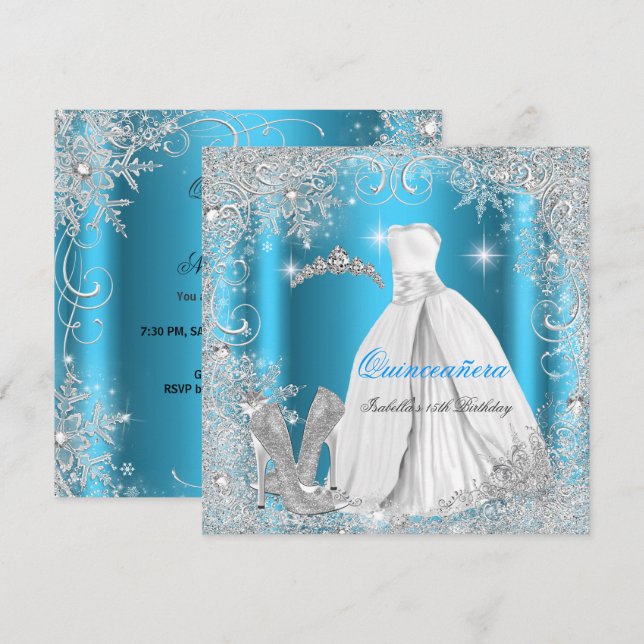Quinceanera Party Blue Silver Winter Snowflakes Invitation (Front/Back)