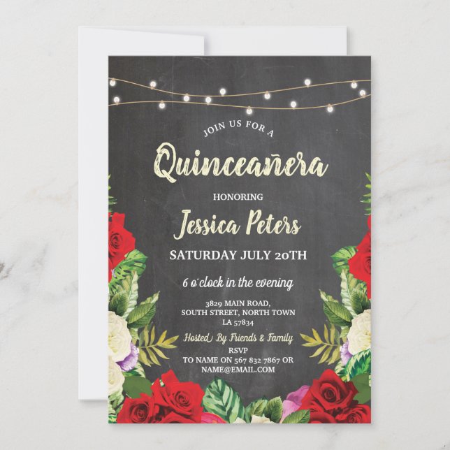 Quinceanera Party Chalk Red Roses Floral Invite (Front)