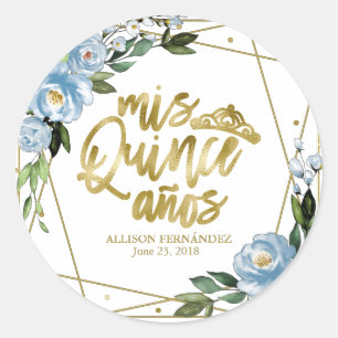 Quinceanera Party Gold Foil Dusty Blue Floral Classic Round Sticker
