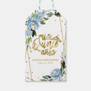 Quinceanera Party Gold Foil Dusty Blue Floral Fav Gift Tags