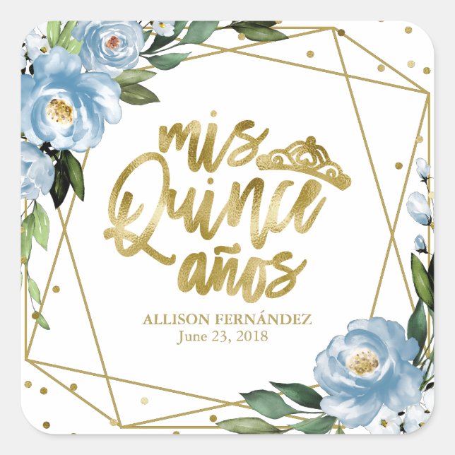 Quinceanera Party Gold Foil Dusty Blue Floral Square Sticker (Front)