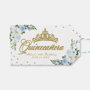 Quinceanera Party Gold Tiara Baby Blue Floral Gift Tags