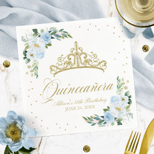 Quinceanera Party Gold Tiara Baby Blue Floral Napkin