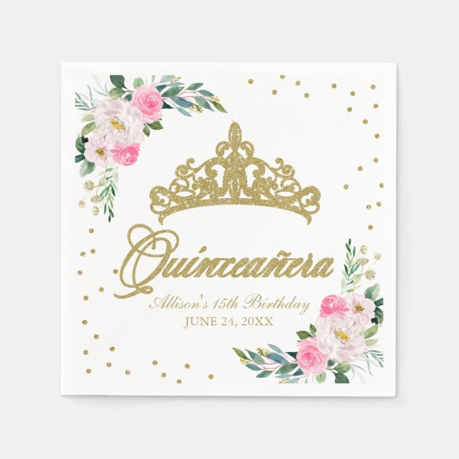Quinceanera Party Gold Tiara Hot Pink Floral Napkin (Front)