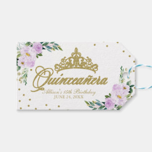 Quinceanera Party Gold Tiara Purple Lilac Floral Gift Tags