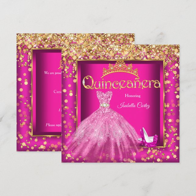 Quinceañera Party Hot Pink Dress High Heels Gold Invitation (Front/Back)