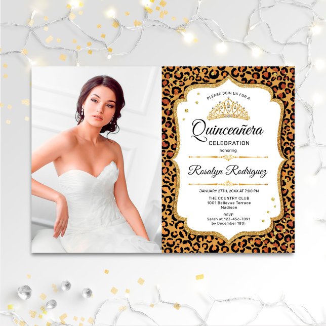 Quinceanera Party - Leopard Print White Photo Invitation (Creator Uploaded)