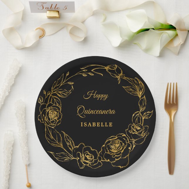 Quinceanera Party Luxe Gold Rose Floral Black Paper Plate (Wedding)