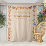 Quinceanera Party Photo Backdrop Mexican Floral Tapestry<br><div class="desc">Mexican floral photo backdrop with fiesta folk art flowers in earthy colour palette of champagne beige brown blue pink orange and yellow. Distinctive design with western typography and elegant handwritten script. The template is set up to personalize all of the text which currently reads name - quinceanera - date. Please...</div>