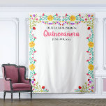 Quinceanera Party Photo Backdrop Mexican Flowers Tapestry<br><div class="desc">Colourful Quinceanera photo backdrop, personalized with your name and celebration date. This large white tapestry is a great size for your photo booth backdrop for taking precious snaps of yourself and your guests. The Mexican Fiesta flowers make a lovely floral frame for your photo background. This design is perfectly suited...</div>