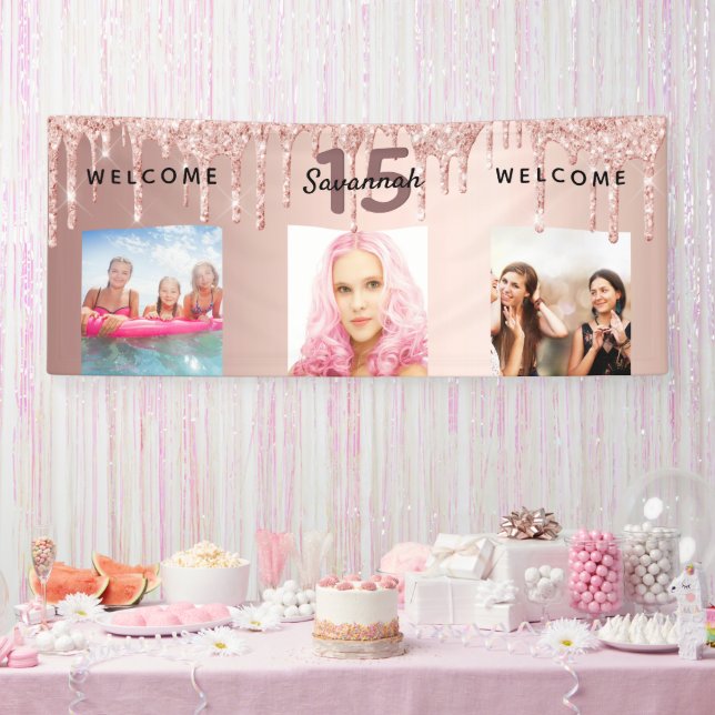 Quinceanera party photo rose gold glitter sparkle banner (Party)