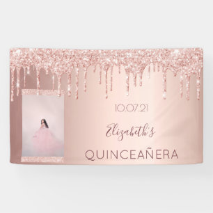 Quinceanera party photo rose gold glitter welcome banner