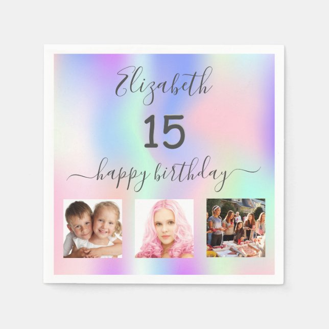 Quinceanera party pink purple photo holographic napkin (Front)