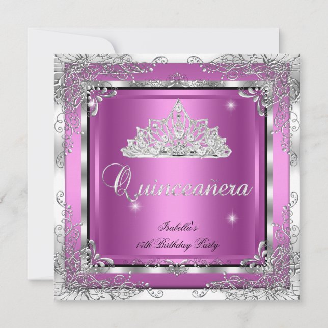 Quinceanera Party Pink Silver Diamond Tiara Invitation (Front)
