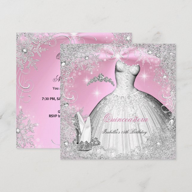 Quinceanera Party Pink Silver Winter Snowflakes Invitation (Front/Back)