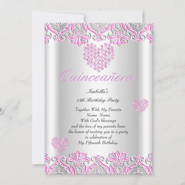 Quinceanera Party Pretty Pink Hearts Lace 4 Invitation (Front)