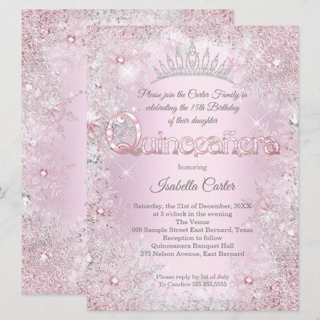 Quinceanera Party princess Pink Silver snowflake Invitation (Front/Back)