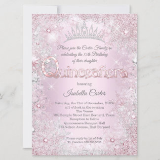 Quinceanera Party princess Pink Silver snowflake Invitation