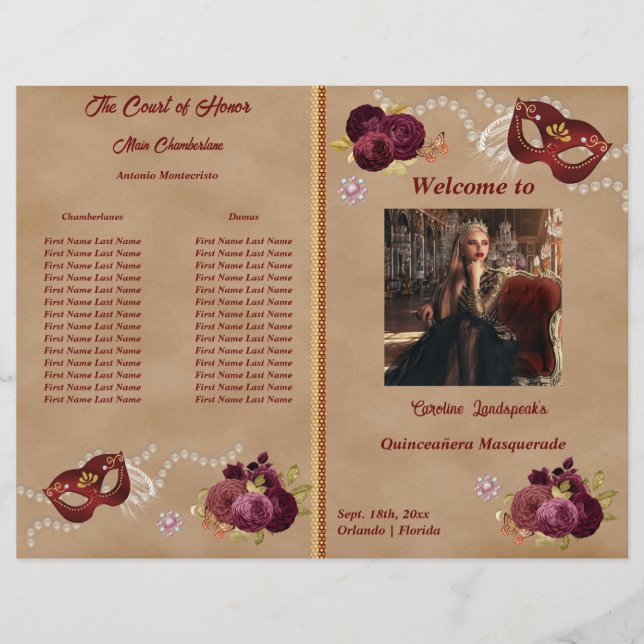 Quinceañera Party Program Red Masquerade Mask (Front)