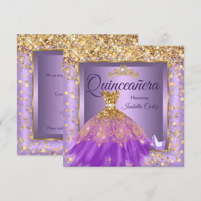 Quinceañera Party Purple Dress High Heels Gold Invitation (Front/Back)