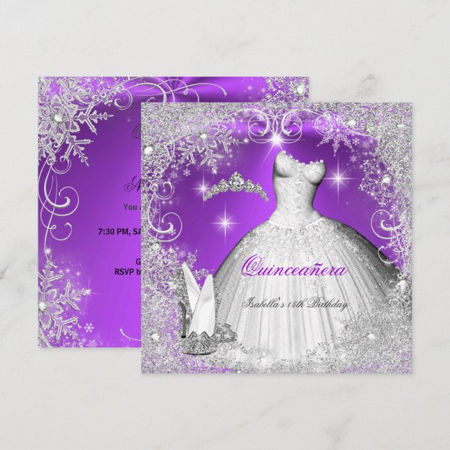 Quinceanera Party Purple Silver Winter Snowflakes Invitation (Front/Back)