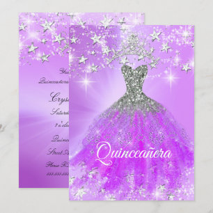 Quinceanera Party Purple Sparkle Tiara Stars Invitation