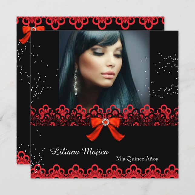 Quinceanera Party Red Lace Jewel Bow 2 Invitation (Front/Back)
