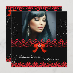 Quinceanera Party Red Lace Jewel Bow 2 Invitation