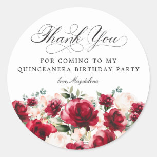 Quinceanera Party Red Pink Floral Thank You Classic Round Sticker