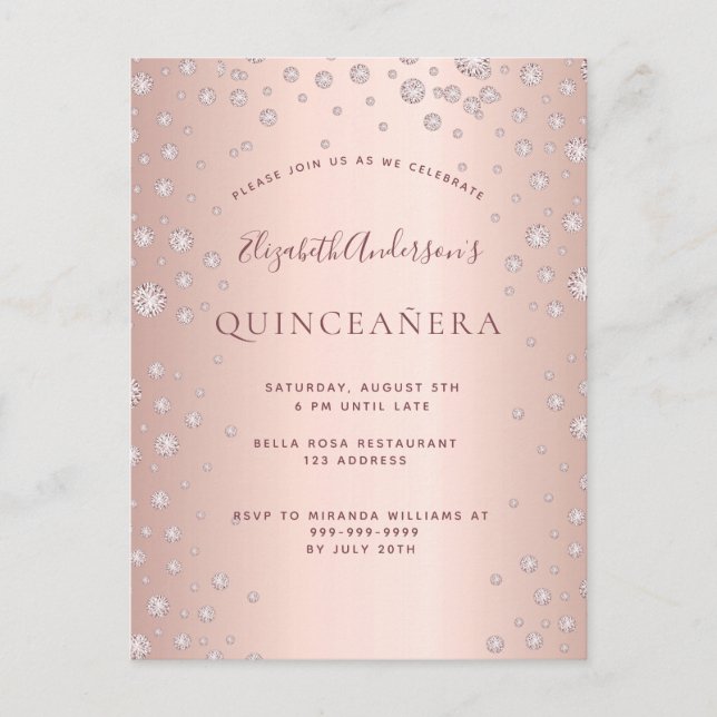 Quinceanera party rose gold diamonds invitation postcard (Front)