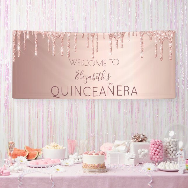 Quinceanera party rose gold glitter drip welcome banner (Party)