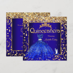Quinceañera Party Royal Blue Dress High Heel Gold Invitation