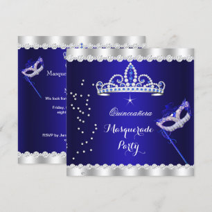 Quinceanera Party Royal Blue Tiara Masquerade Invitation