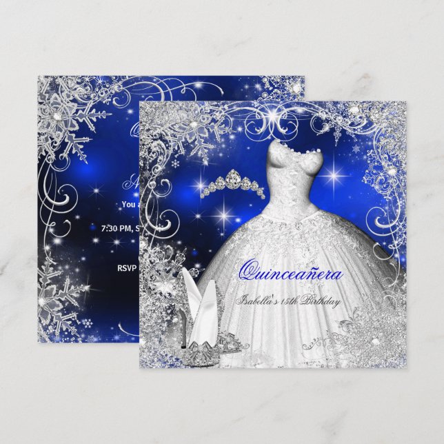 Quinceanera Party Royal Blue Winter Wonderland Invitation (Front/Back)