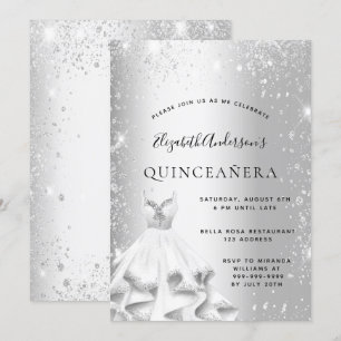 Quinceanera party silver dress glitter invitation