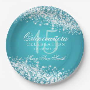Quinceanera Party Sparkling Wave Turquoise Paper Plate