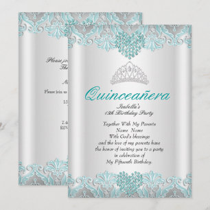 Quinceanera Party Teal Blue Hearts Lace Tiara Invitation