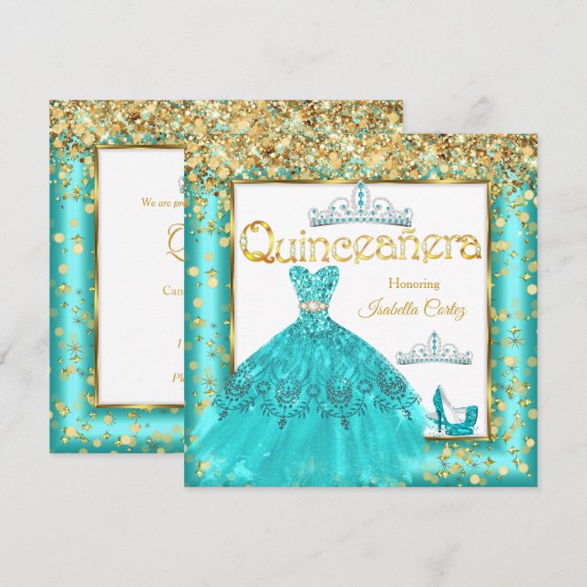 Quinceañera Party Teal Dress High Heels Gold Invitation (Front/Back)