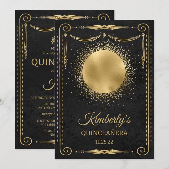 Quinceanera Party With Photo - Black and Gold Invitation (Front/Back)