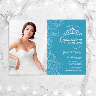 Quinceanera Party With Photo - Blue White Floral Invitation