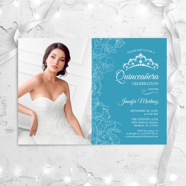 Quinceanera Party With Photo - Blue White Floral Invitation (Creator Uploaded)