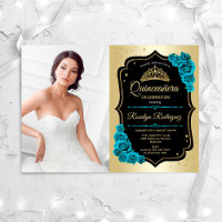 Quinceanera Party With Photo - Gold Black Teal