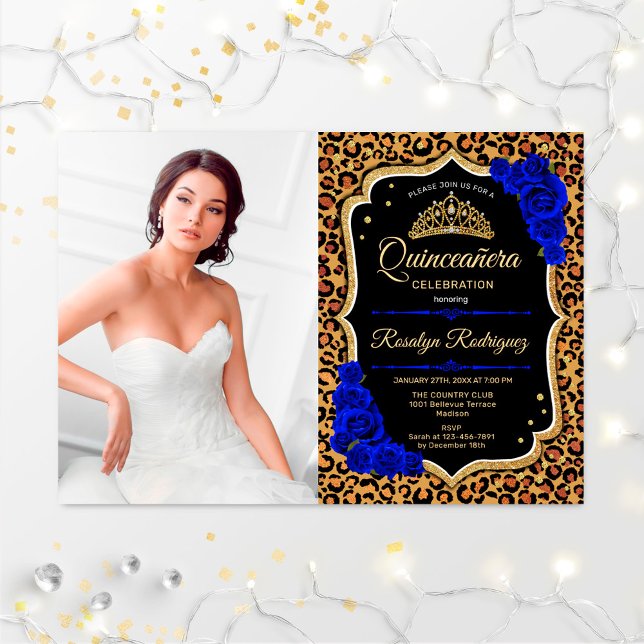 Quinceanera Party With Photo - Leopard Print Blue Invitation (Creator Uploaded)
