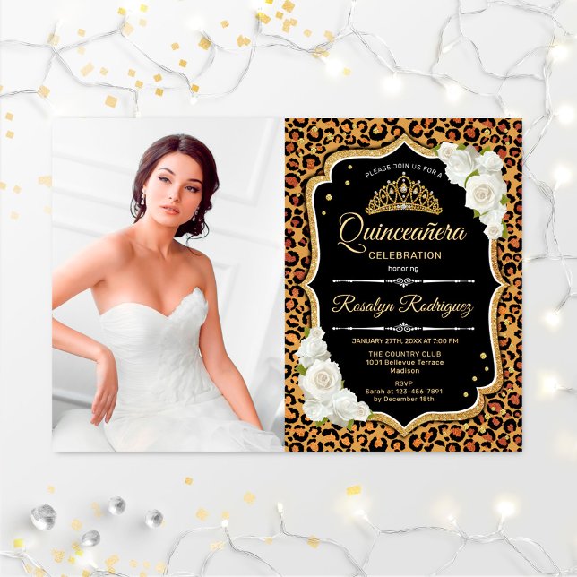 Quinceanera Party With Photo - Leopard Print Gold Invitation (Creator Uploaded)