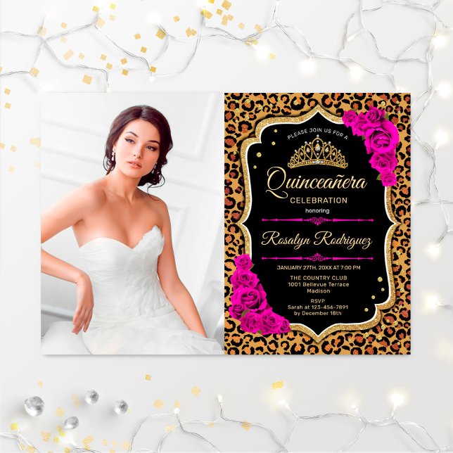 Quinceanera Party With Photo - Leopard Print Pink Invitation (Creator Uploaded)