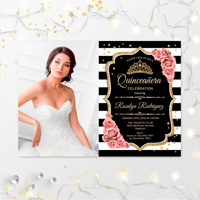 Quinceanera Party With Photo - Pink Gold Black Invitation (Creator Uploaded)