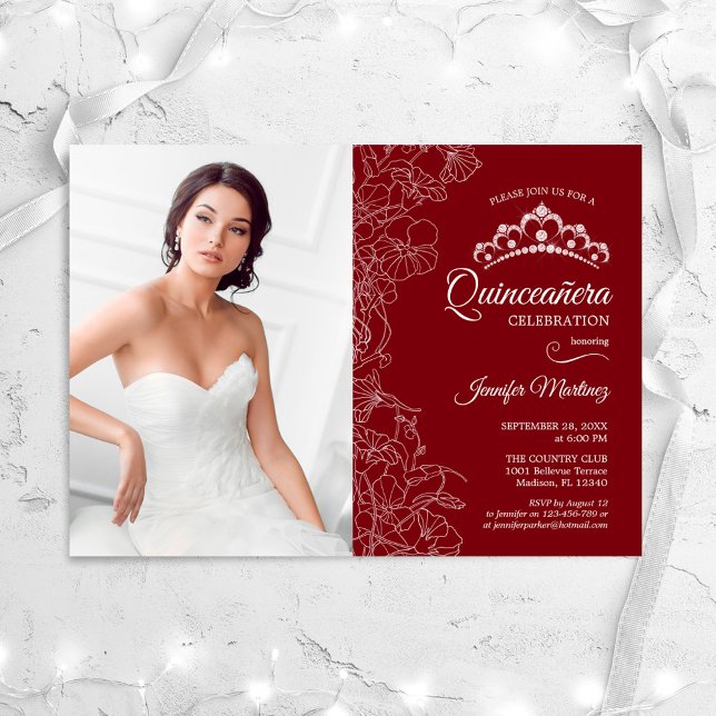 Quinceanera Party With Photo - Red White Floral Invitation (Creator Uploaded)