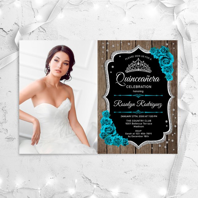 Quinceanera Party With Photo - Rustic Teal Silver Invitation (Creator Uploaded)
