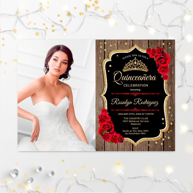 Quinceanera Party With Photo - Rustic Wood Red Invitation (Creator Uploaded)