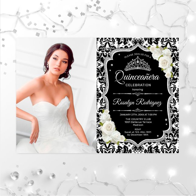 Quinceanera Party With Photo - Silver Black White Invitation (Creator Uploaded)